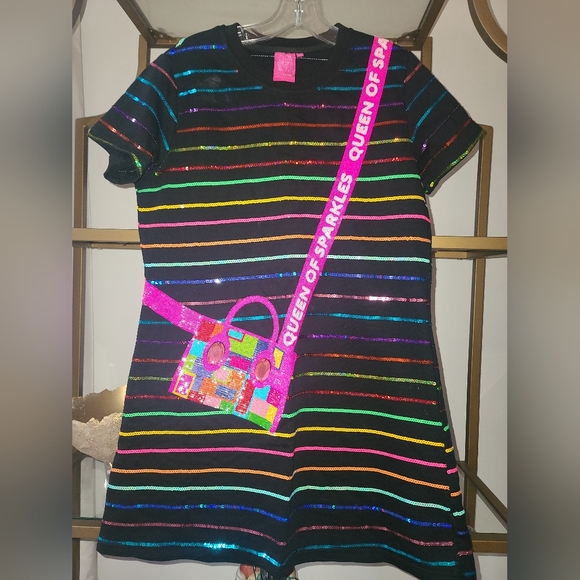 QUEEN OF SPARKLES Black Mini Dress with Rainbow Stripes - Picture 2 of 4